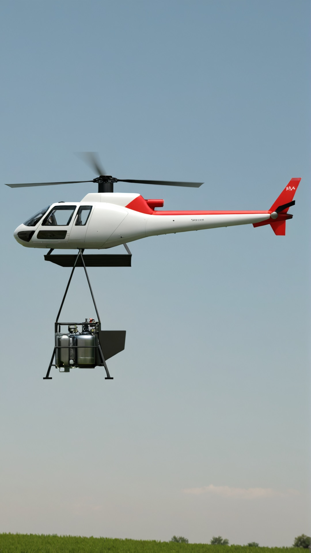 3D render of a white and red helicopter sling-loading the Helioss tank and nozzle frame