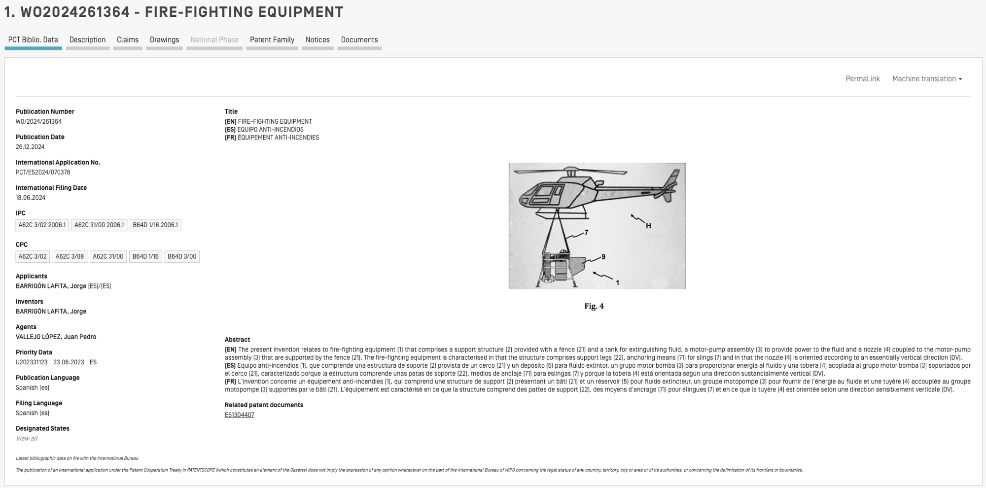WIPO Patentscope page for WO/2024/261364 showing Fig. 4 helicopter-slung firefighting equipment