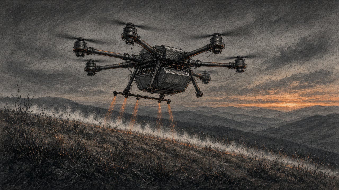 Concept sketch of a heavy multirotor drone spraying a treated firewall line on a ridgeline at dusk