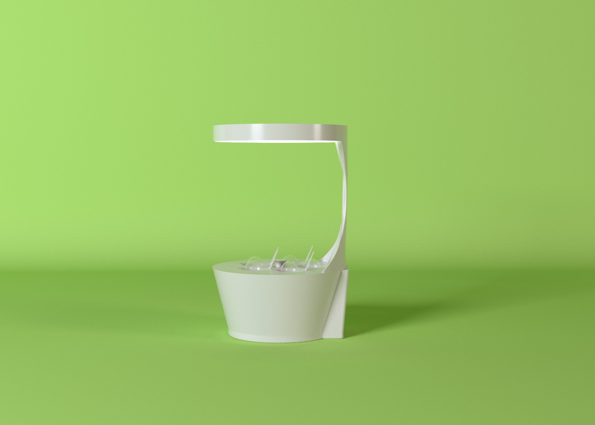 HydroGrow unit on green background with four seedlings under clear domes