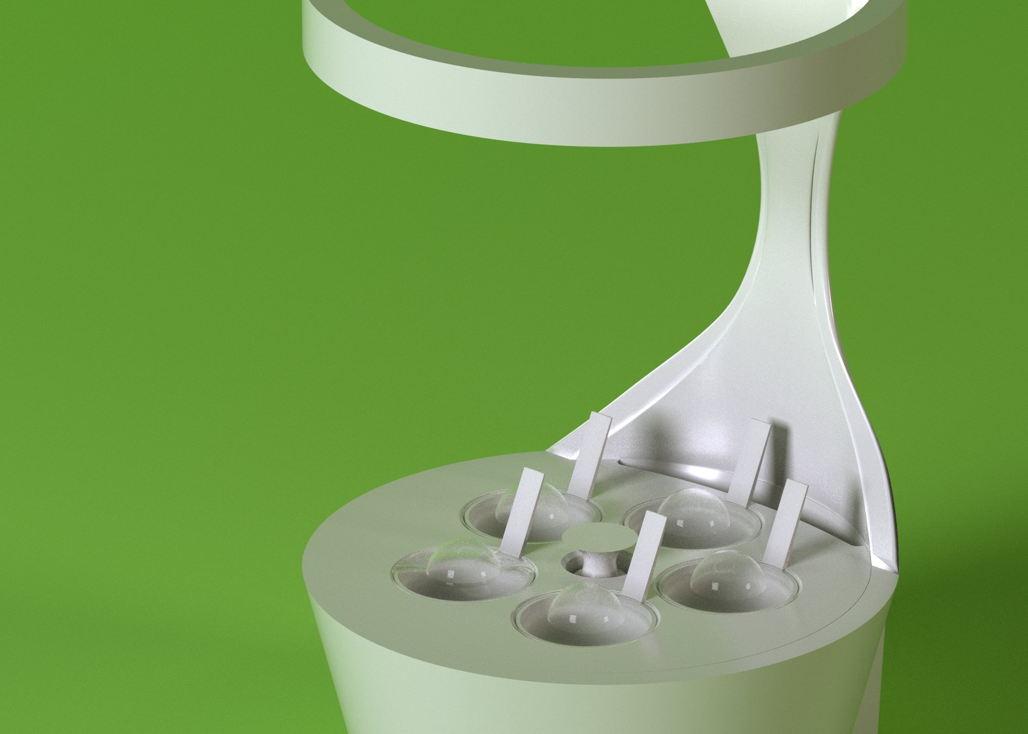 Close-up of HydroGrow base showing five pod openings with clear domes