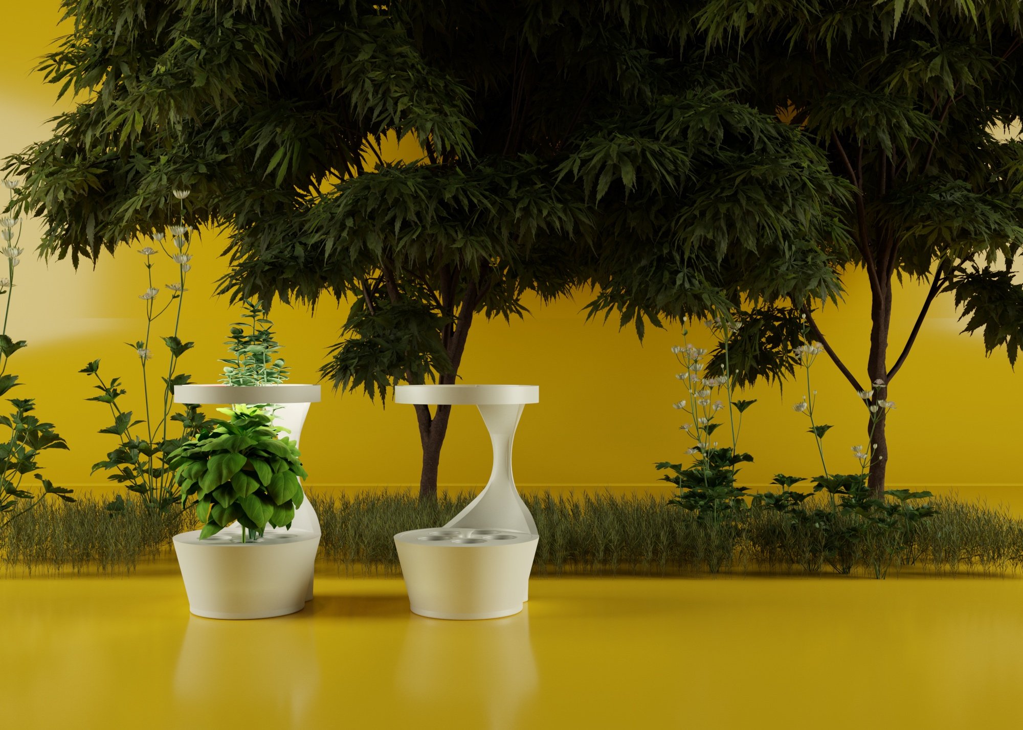 White sculptural hydroponic planter with a green plant under an integrated circular grow light