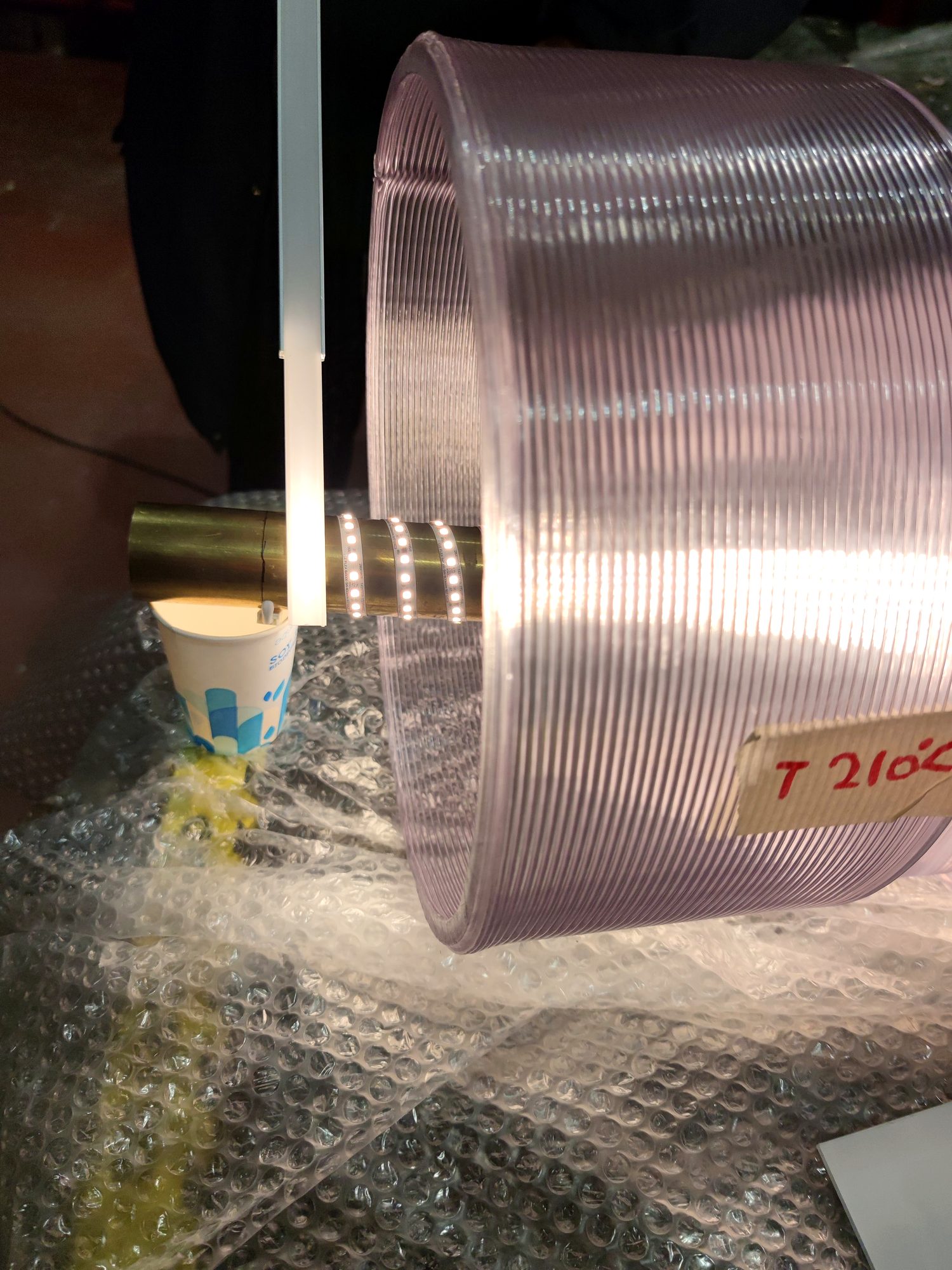 Translucent ribbed cylindrical light prototype with internal LED rings