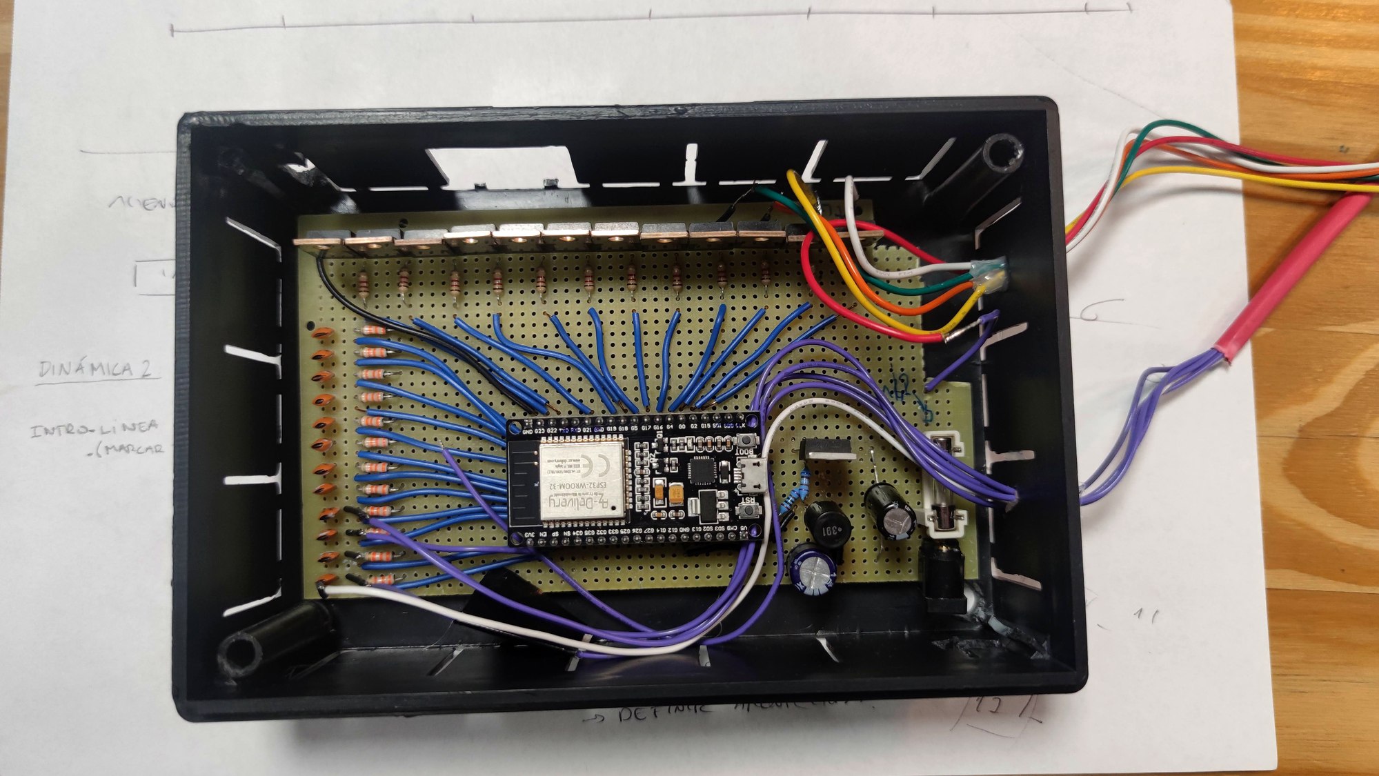 Open enclosure showing neat blue wiring, capacitors, fuse, and outgoing harness